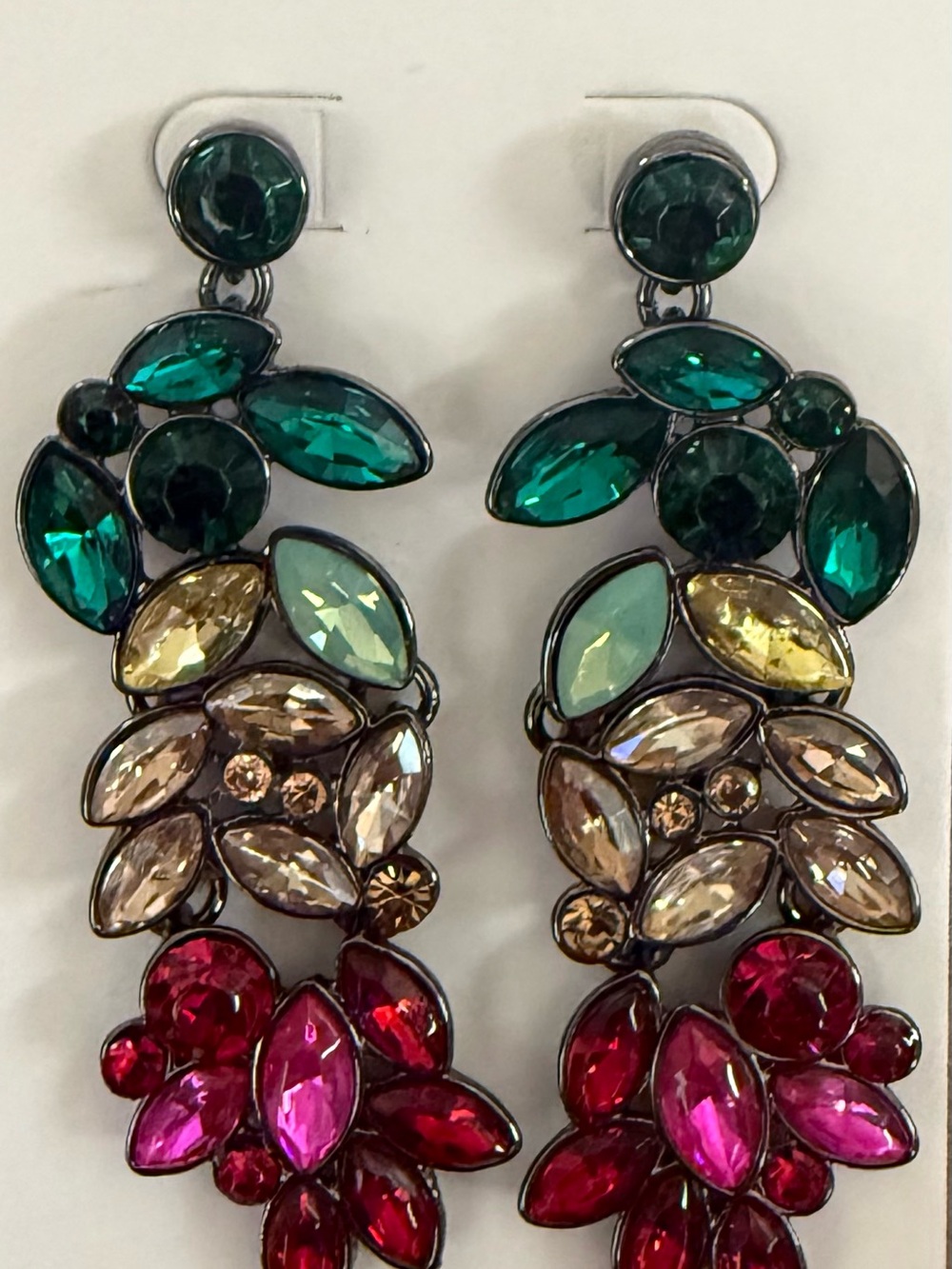 J. Crew Multi-Color Crystal Drop Earrings — Green, Pink & Gold Tones